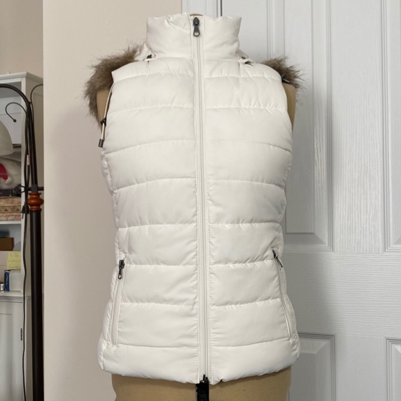 Banana Republic White Insulated Vest w/ Removable Fur-Lined Hood Size XS - Picture 1 of 6
